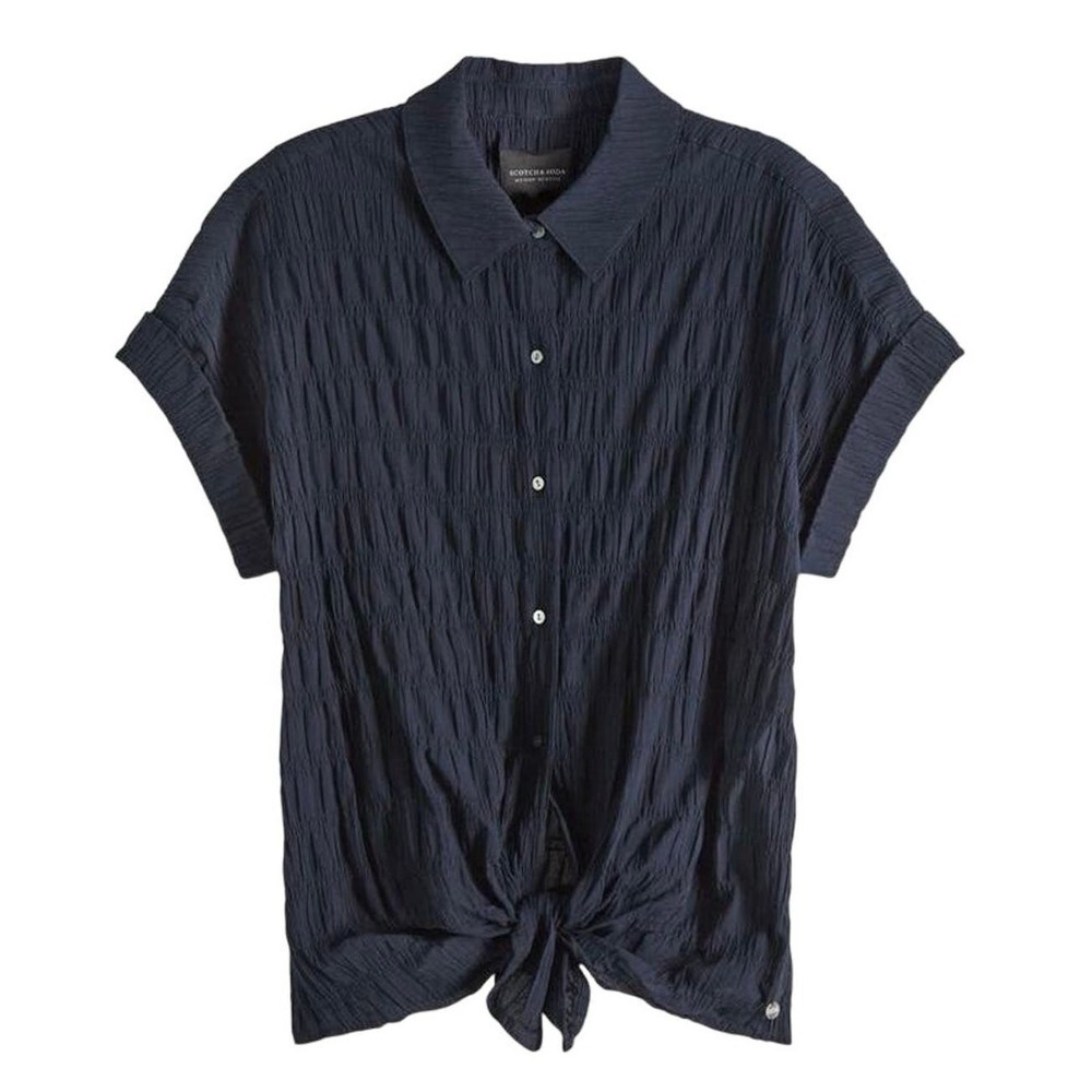 Tnuck Maison Scotch Seersucker Cotton Short Sleeve Button Front Shirt Top Navy S